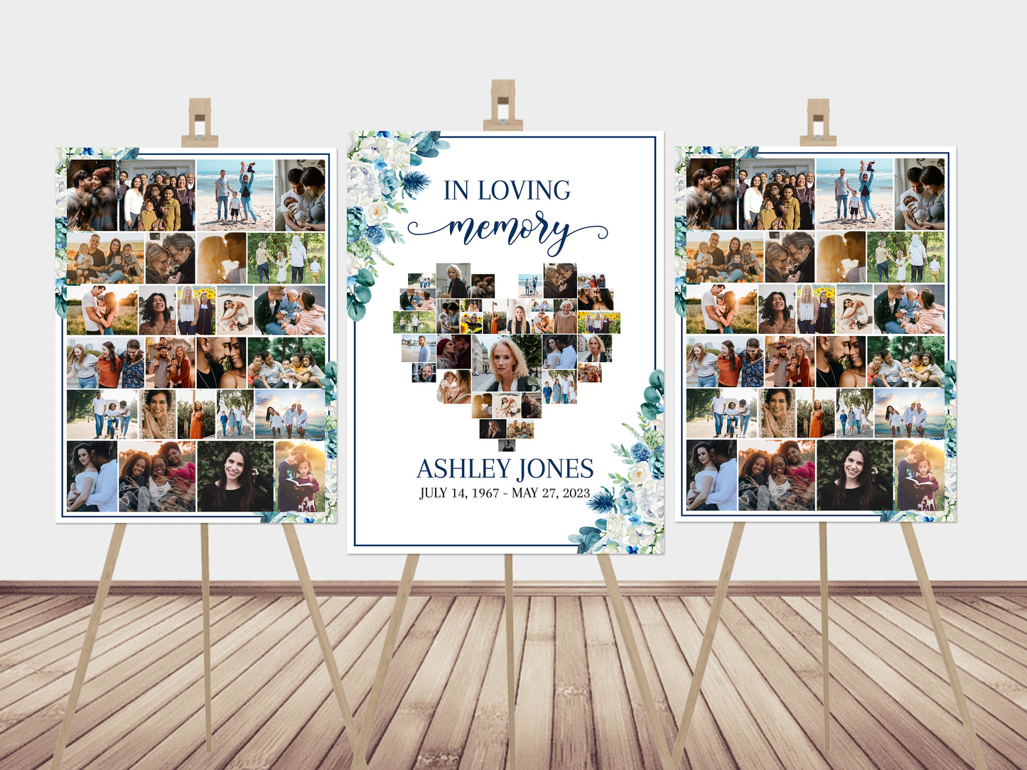 In Loving Memory Blue White Floral Heart Photo Collage Funeral Welcome Sign Templates , Forever in our Hearts Memorial Photo Display Set B1