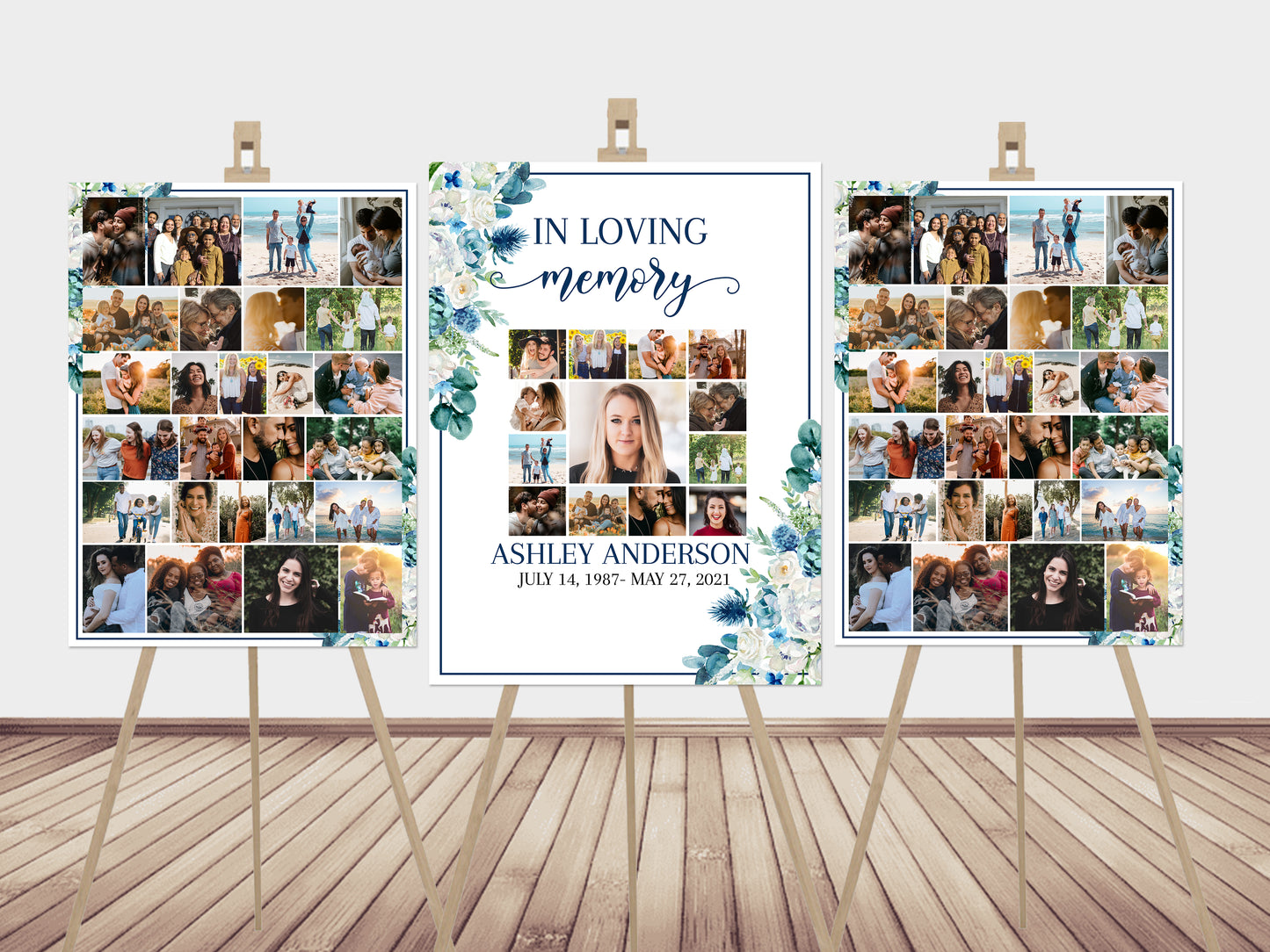 Celebration Of Life Blue White Floral Photo Collage Funeral Welcome Sign Templates, Photo Memorial Sign, Funeral Poster Photo Display Set B1