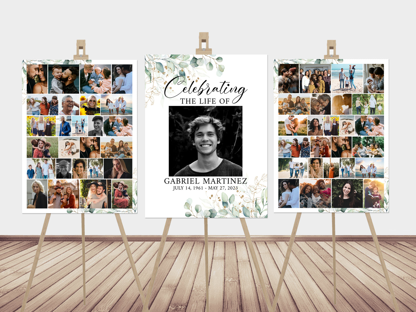 Editable Celebration Of Life Watercolor Greenery Gold Photo Collage Funeral Welcome Sign Templates, Greenery Photo Memorial Sign, Funeral Photo Display Set G1