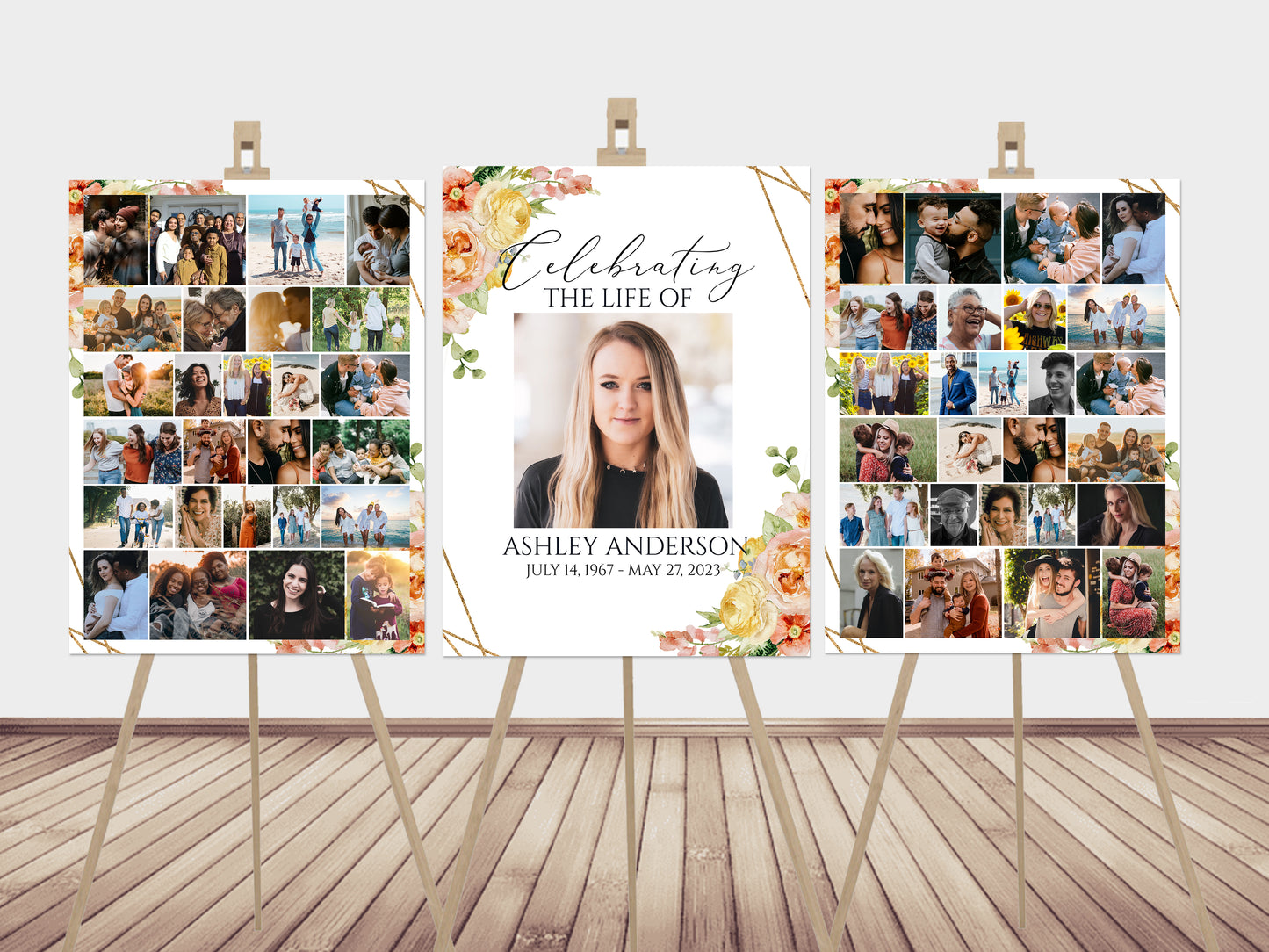 Celebration Of Life Elegant Floral Blush Pink Yellow Photo Collage Funeral Welcome Sign Template PY1