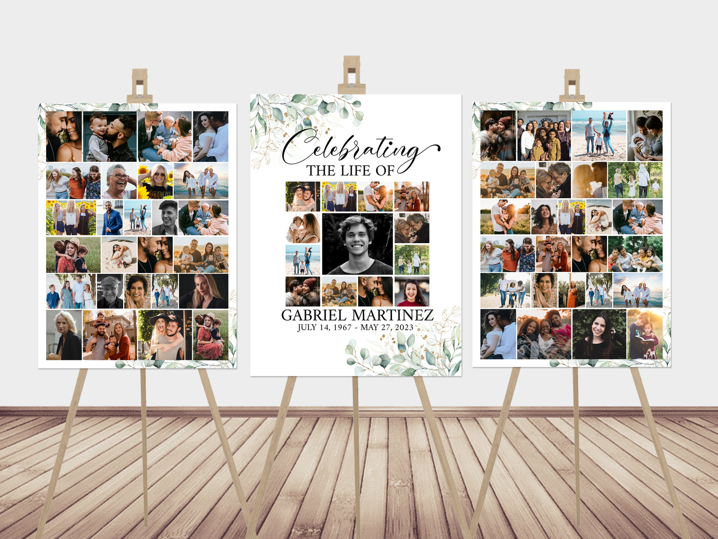 Celebration Of Life Watercolor Greenery Gold Photo Collage Funeral Welcome Sign Templates. Editable Greenery Photo Collage Funeral Poster, Photo Memorial Sign, Funeral Poster Photo Display Set G1