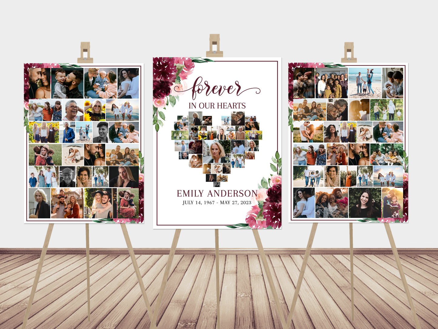 Forever in our Hearts Burgundy Red Roses Heart Funeral Welcome Sign Templates Burgundy Red Roses Forever in our Hearts Memorial Photo Display Set R3