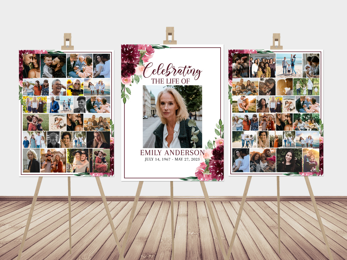 Celebration Of Life Burgundy Red Roses Photo Collage Funeral Welcome Sign Set Templates, Photo Memorial Sign, Burgundy Funeral Poster Photo Display Set R3