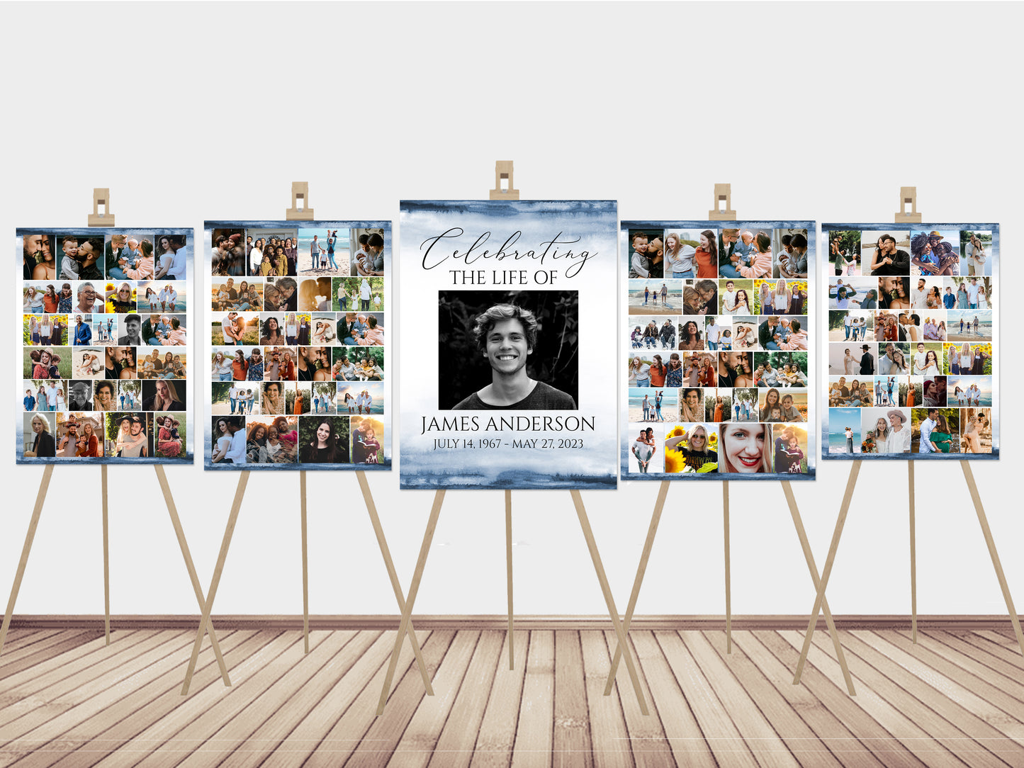 Celebration Of Life Blue Watercolor Funeral Poster, Editable 5 Photo Collage Funeral Welcome Signs, Blue Watercolor Memorial Sign Funeral Poster Photo Display Set of 5