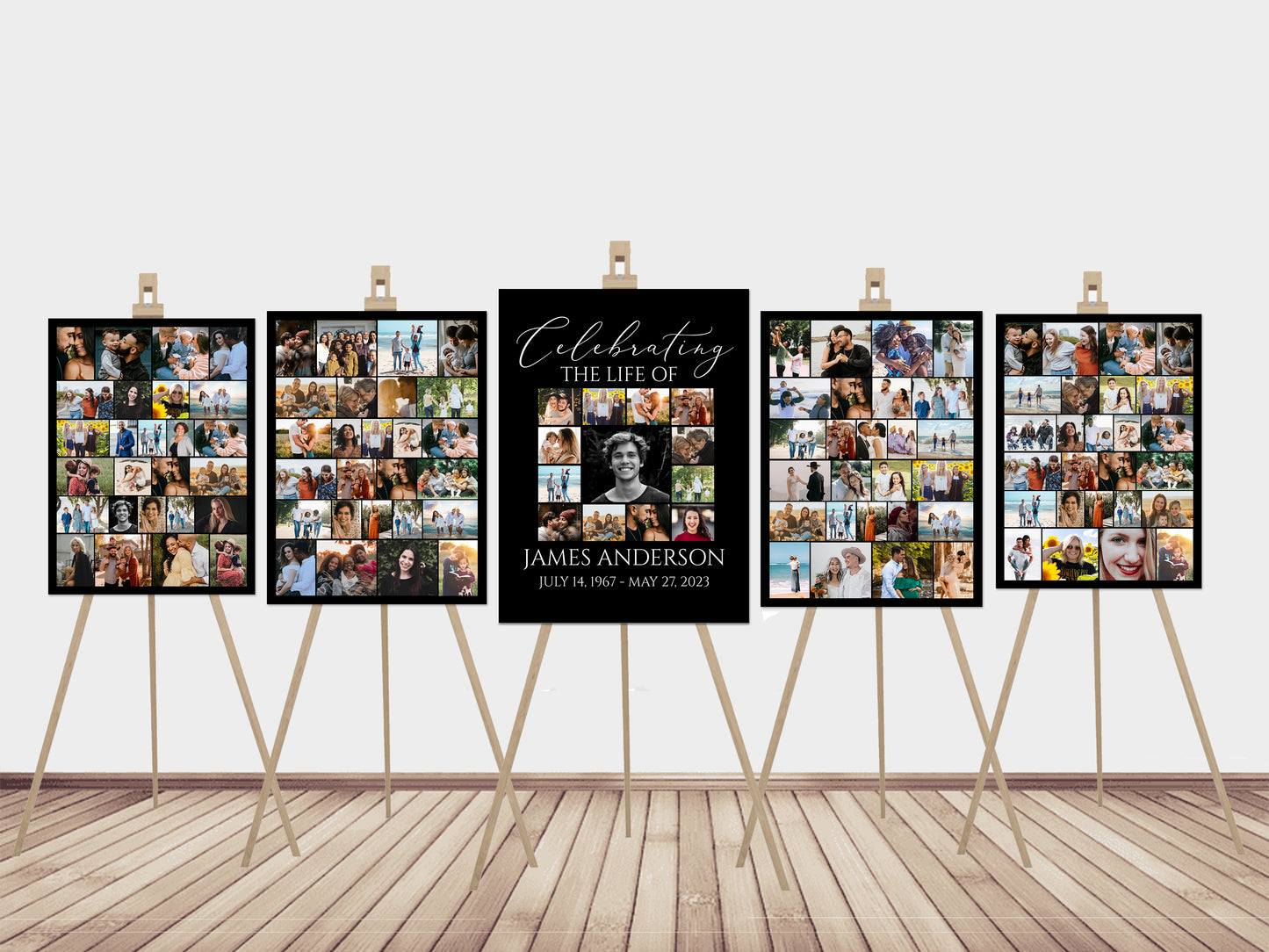 Celebration Of Life Minimalist Elegant Black 5 Photo Collage Funeral Welcome Sign Set Template, Black Watercolor Memorial Sign Funeral Poster Photo Display Set of 5