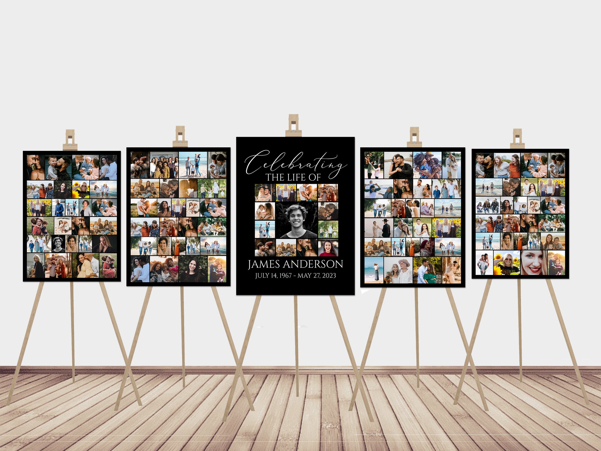 Celebration Of Life Minimalist Elegant Black 5 Photo Collage Funeral Welcome Sign Set Template,  Black Watercolor Memorial Sign Funeral Poster Photo Display Set of 5
