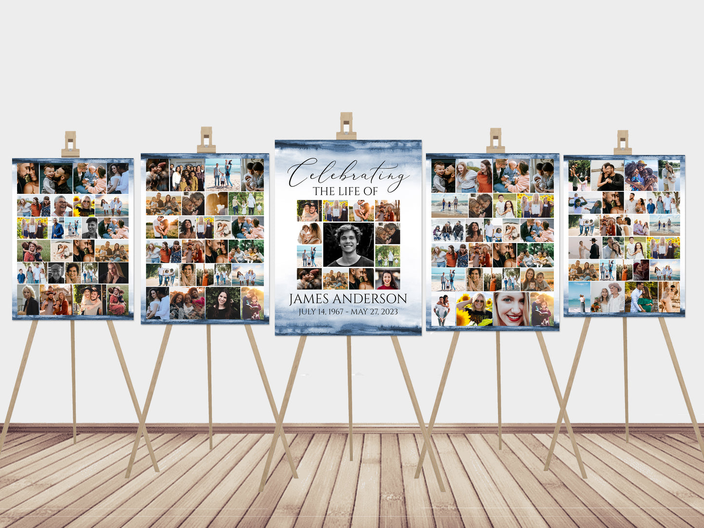 Celebration Of Life Blue Watercolor Funeral Poster, Editable 5 Photo Collage Funeral Welcome Signs, Blue Watercolor Memorial Sign Funeral Poster Photo Display Set of 5