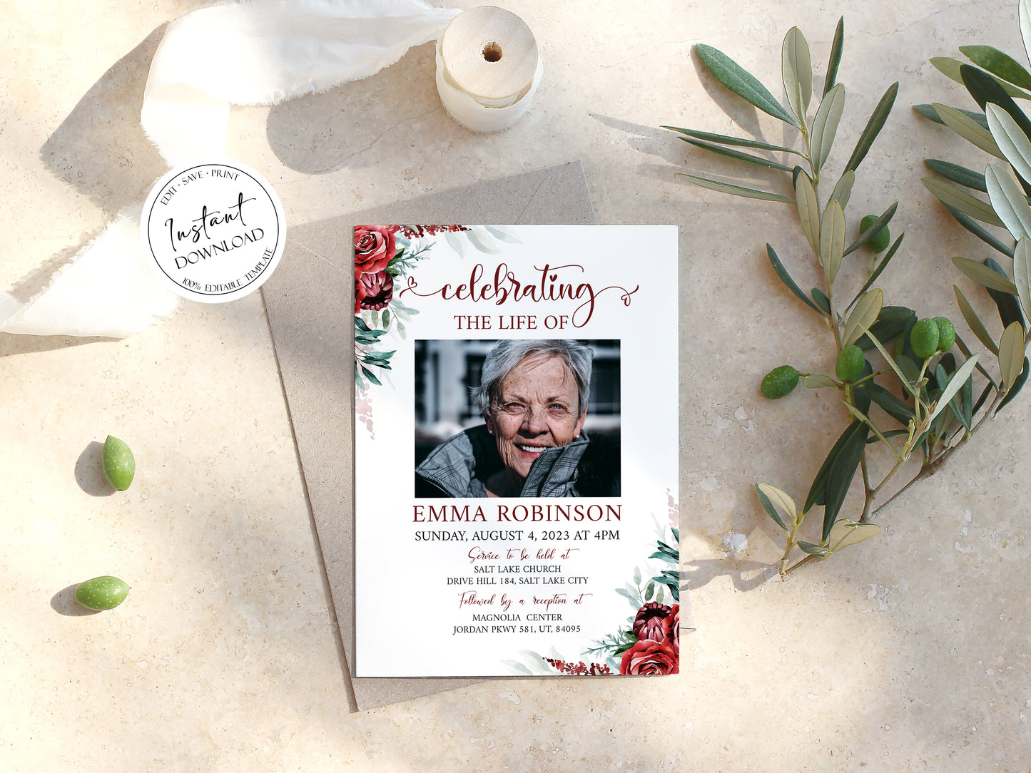 Celebration of life Burgundy Red Roses Funeral Invitation Template R2
