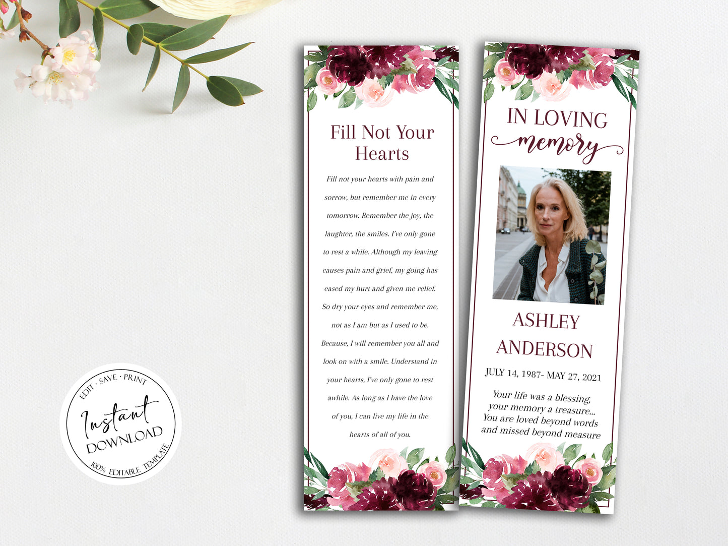 Red Floral Funeral Bookmark Template, Celebration of Life Bookmark, Funeral Keepsake Cards, Burgundy Memorial Bookmark, Obituary Bookmark R3