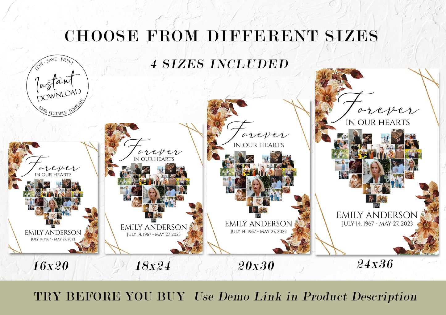 Forever in our Hearts Orange Brown Dried Leaves Fall Heart Photo Collage Funeral Welcome Sign Template, Autumn Hearts Memorial Photo Collage Poster