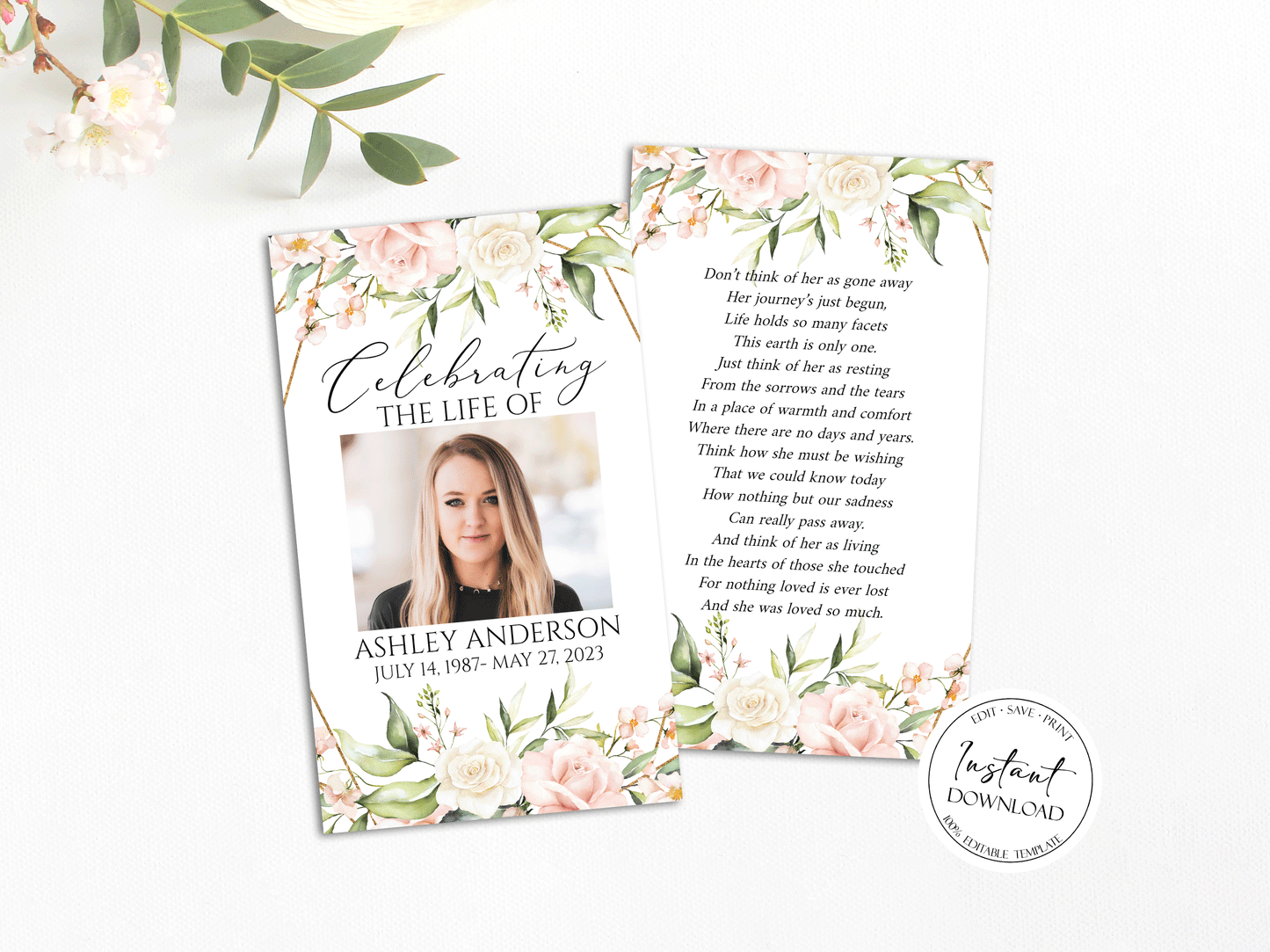 Editable Pink Roses Funeral Prayer Card Template, Printable Memorial Prayer Card Template, Blush Funeral Prayer Card, Catholic Mass Card
