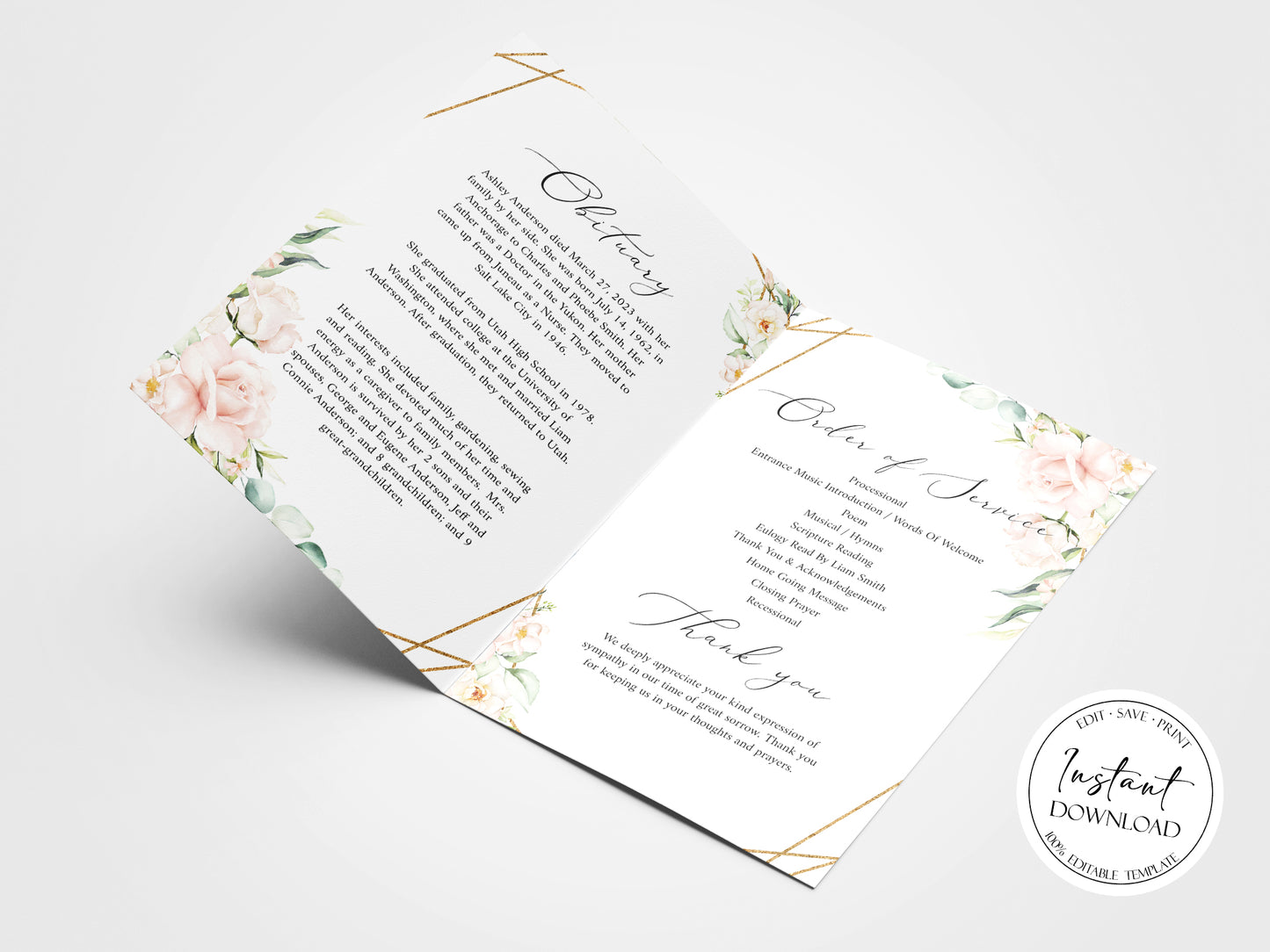 11x17 Celebration of life Funeral Program, Blush Pink Roses Funeral Program Template, Memorial Program, Obituary Program, Funeral Mass Program P4