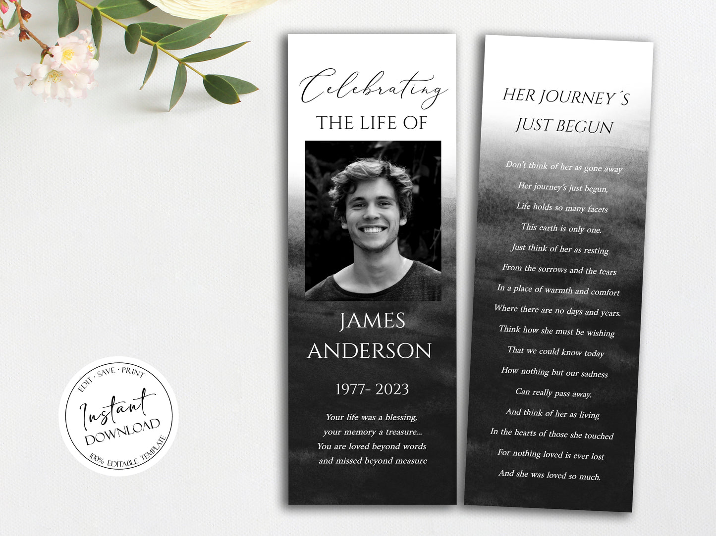 Celebration of Life Black Watercolor Funeral Bookmark Template, Funeral Keepsake Cards, Black Watercolor Memorial Bookmark, Obituary Bookmark