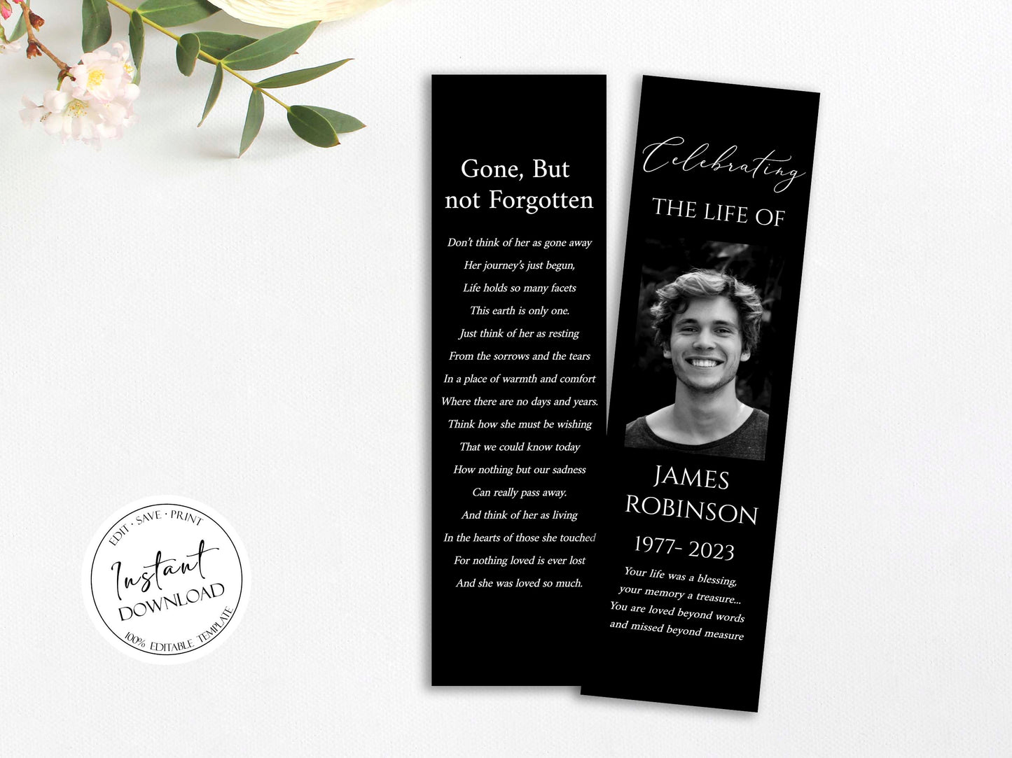 Celebration of Life Minimalist Elegant Black Funeral Bookmark Template, Minimalist Elegant Black Memorial Bookmark Black Obituary Bookmark B4