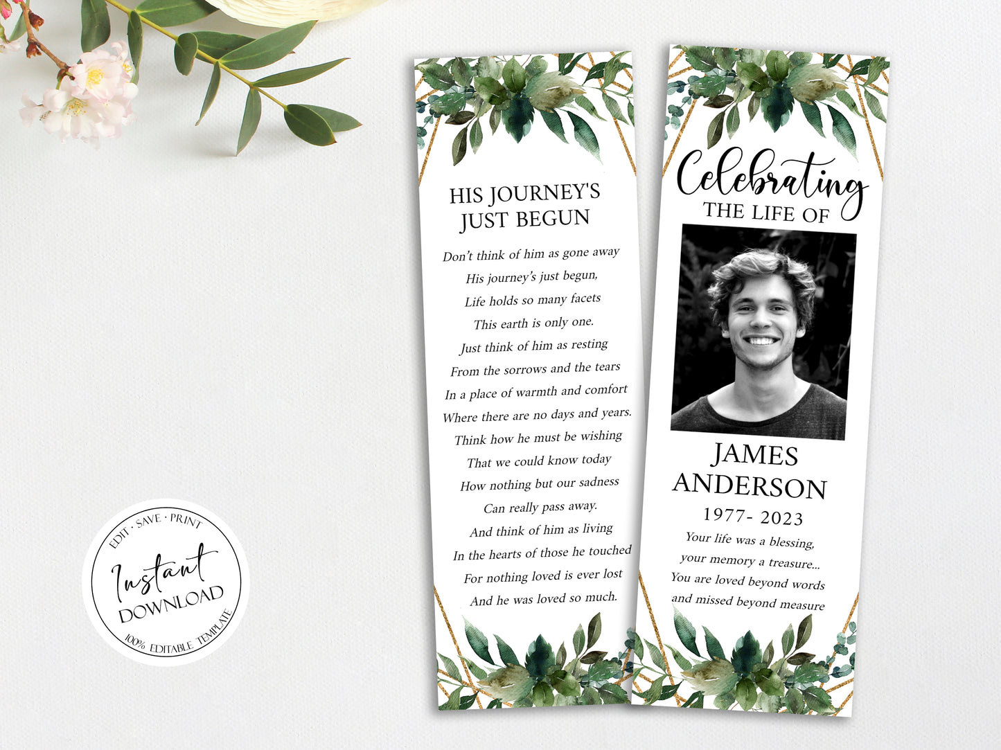 Celebration of life Watercolor Greenery Gold Funeral Bookmark Template, Celebration of Life Bookmark, Funeral Keepsake Cards, Greenery Memorial Bookmark, Obituary Bookmark Q1