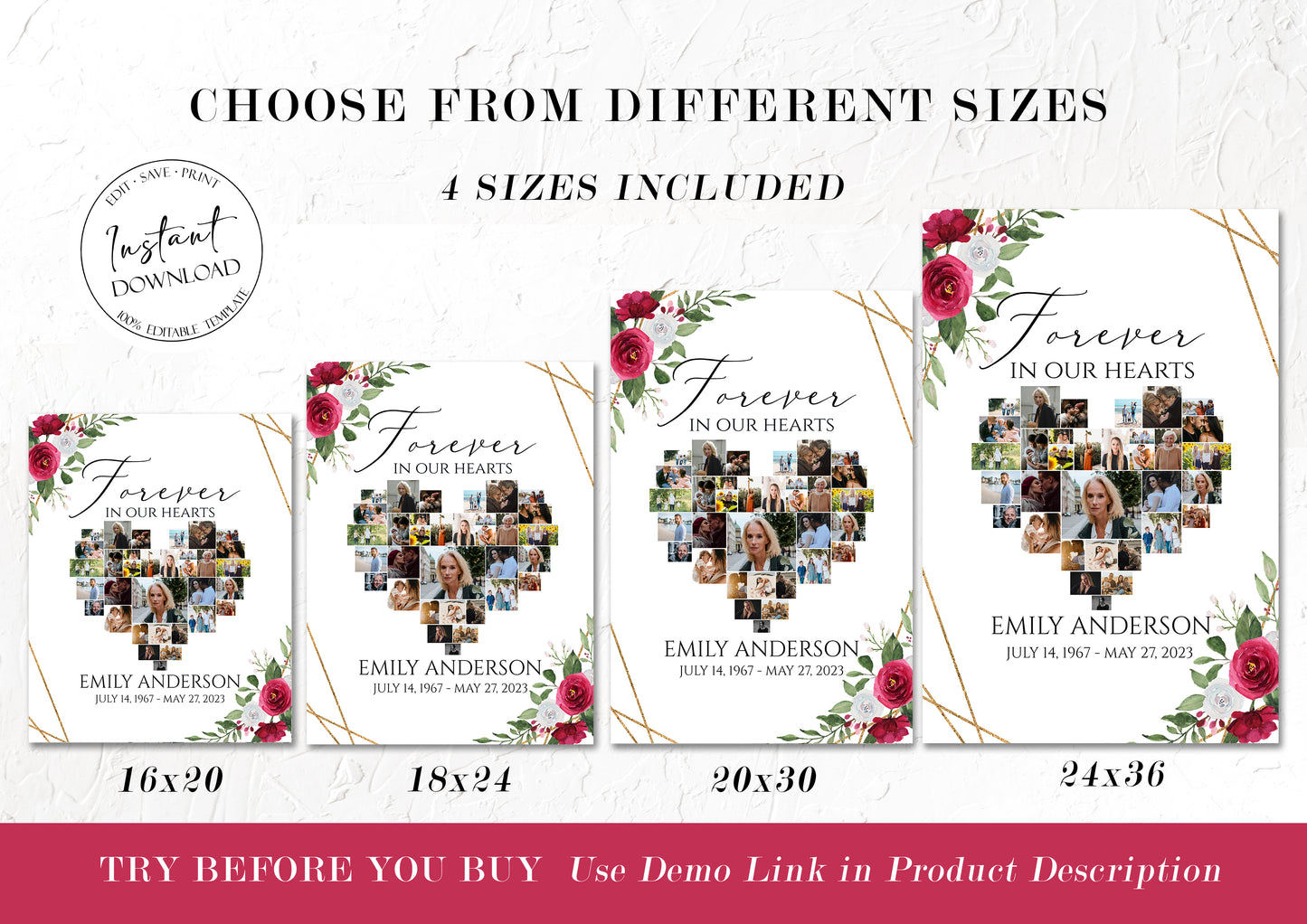 Celebration Of Life Forever in our Heart White Pink Roses Heart Photo Collage Funeral Welcome Sign Template Hearts Memorial Photo Collage Poster Memory Sign P2
