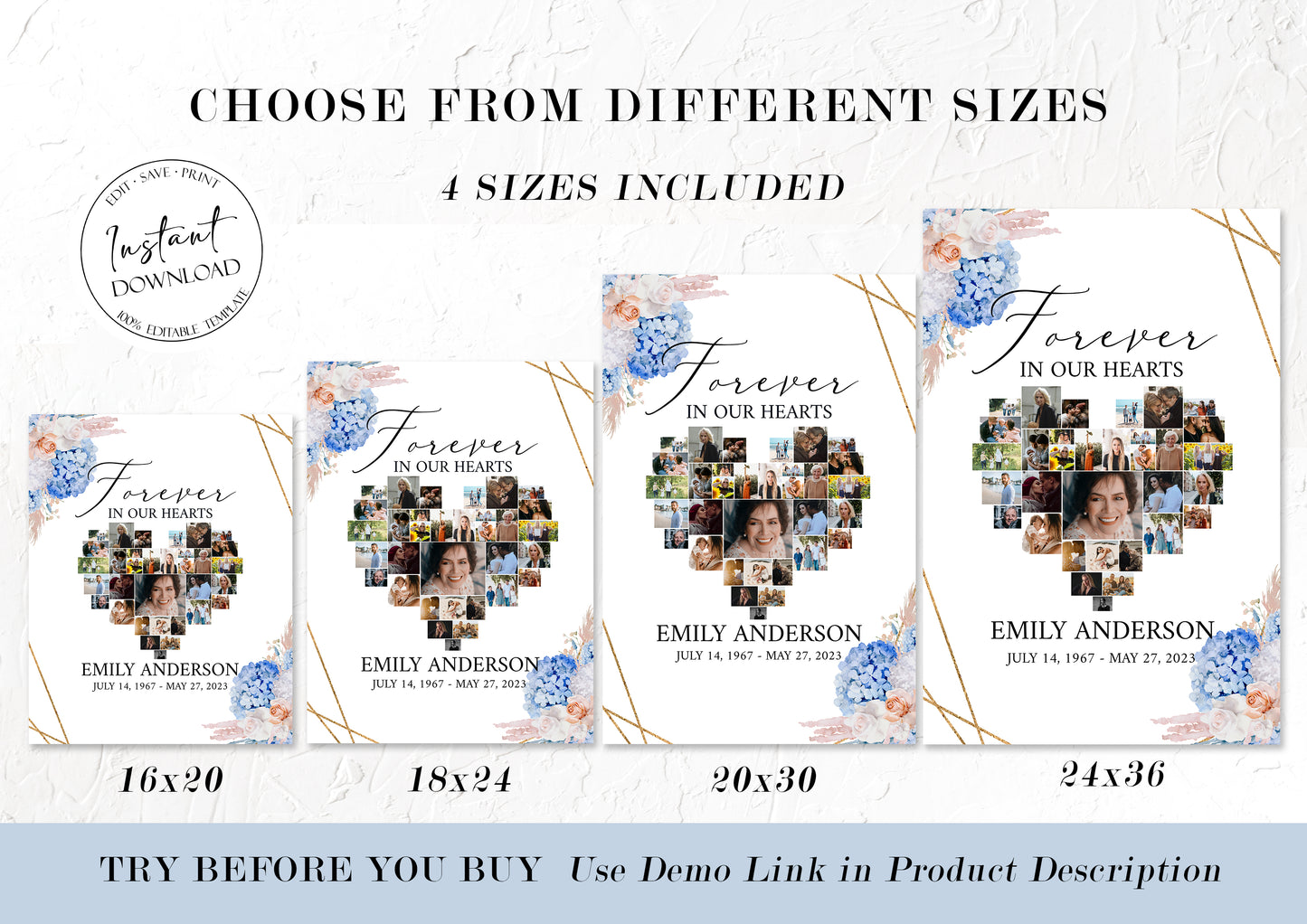 Forever in our Heart Blush Roses White Blue Hydrangea Heart Photo Collage Funeral Welcome Sign Template, Heart Memorial Photo Collage Poster Memory Sign O1