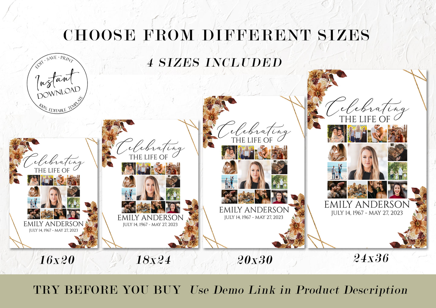 Celebration Of Life Orange Brown Dried Leaves Fall Photo Collage Funeral Welcome Sign Template, Autumn Photo Collage Memorial Service Poster