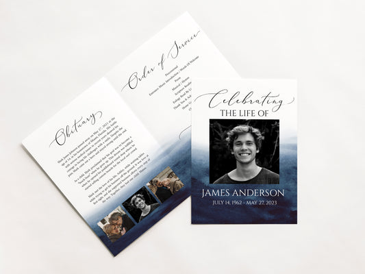 11x17 Funeral Program Template, Celebration of Life Blue Watercolor Funeral Program Ocean Memorial Program Funeral Brochure Obituary Program
