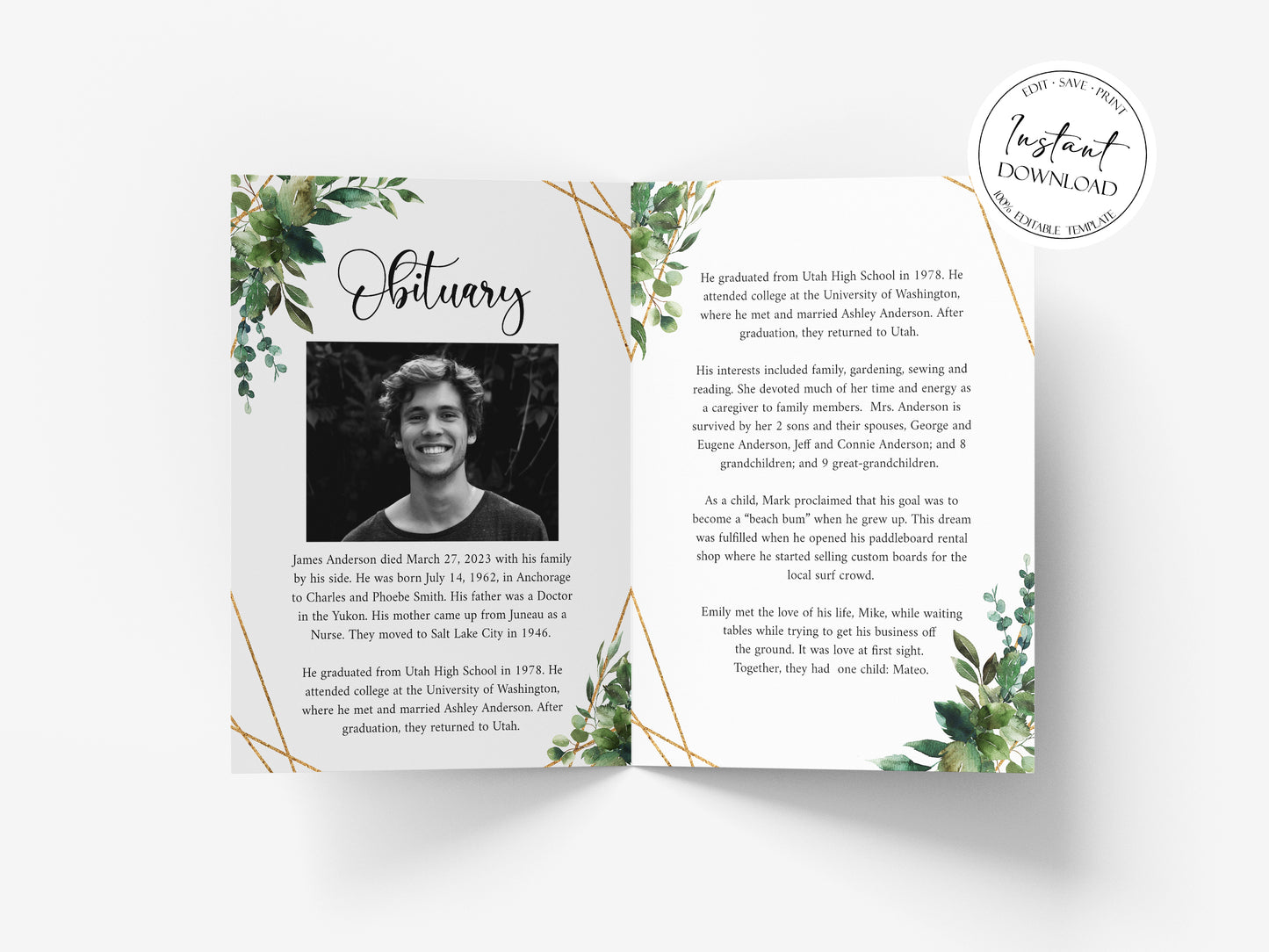 Celebration of Life 8 Page Watercolor Greenery Gold Funeral Program Template Funeral Brochure, Editable Greenery Memorial Program Green Obituary Program H1
