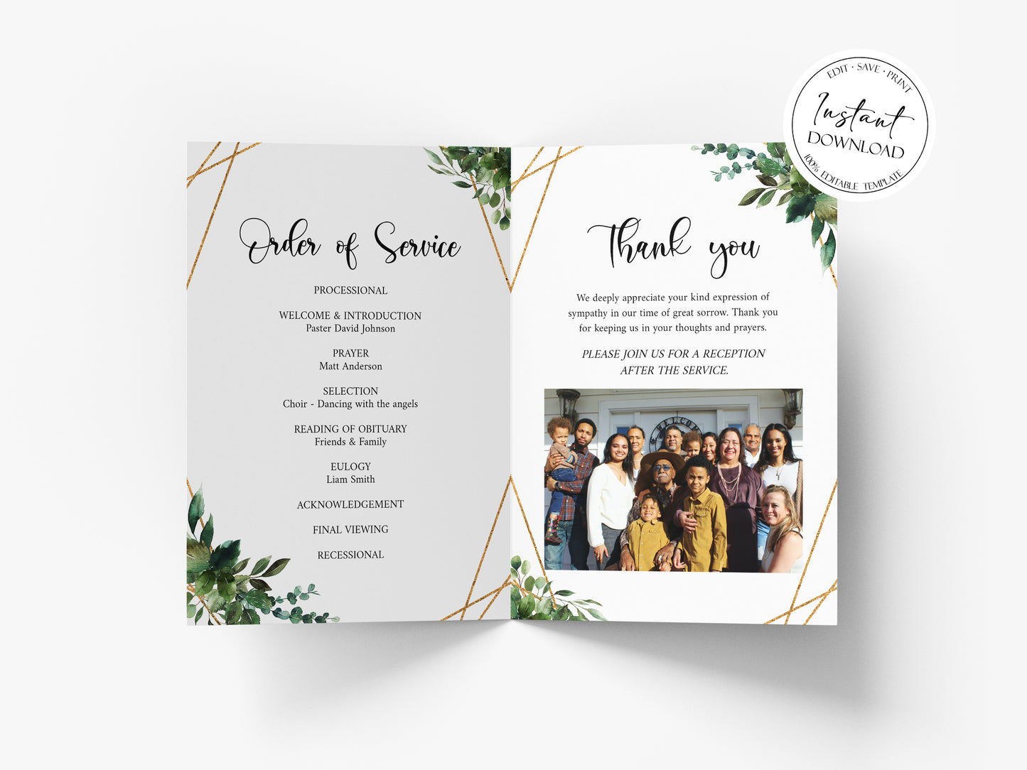 Celebration of Life 8 Page Watercolor Greenery Gold Funeral Program Template Funeral Brochure, Editable Greenery Memorial Program Green Obituary Program H1