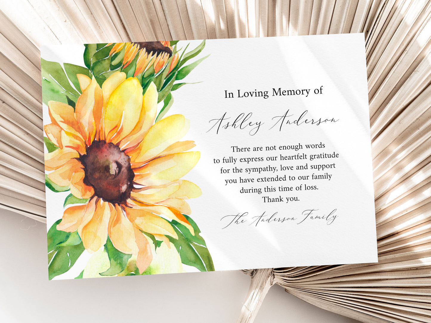 Celebration of life Sunflower Funeral Thank you Card Template , Editable Sunflower In Loving Memory Of Card, Sympathy Thank you Card, Printable Sunflower Memorial Thank You Card