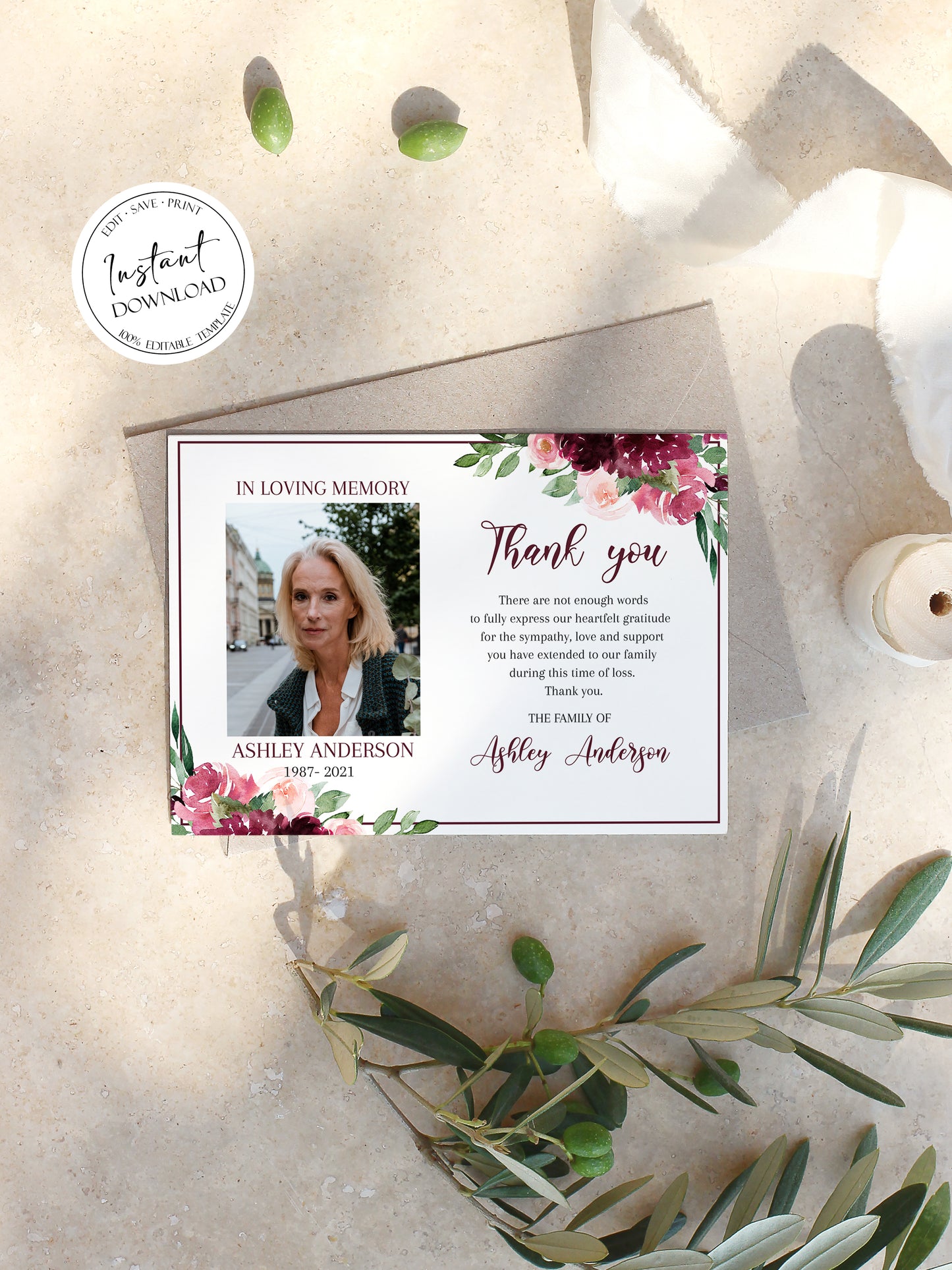 Red Roses Funeral Thank You Celebration of life Funeral Thank You Red Roses Memorial Thank You Card Template Editable Sympathy Card R1