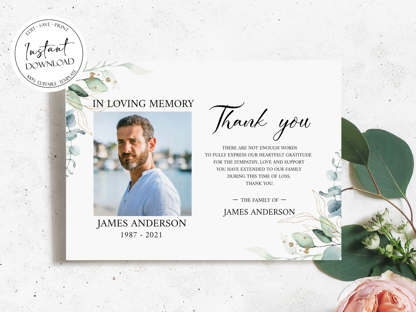 Celebration of life Watercolor Greenery Gold Funeral Photo Thank You Card Template Greenery Memorial Thank you, Printable Thank You Cards, Sympathy Card, Condolence Thank You Card G1