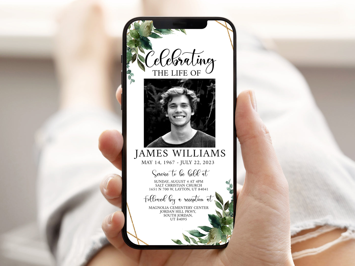 Celebration of life Watercolor Greenery Gold Digital Funeral Invitation Template, Greenery Funeral Announcement, Greenery Memorial Evite, Electronic Greenery Funeral Invite Q1