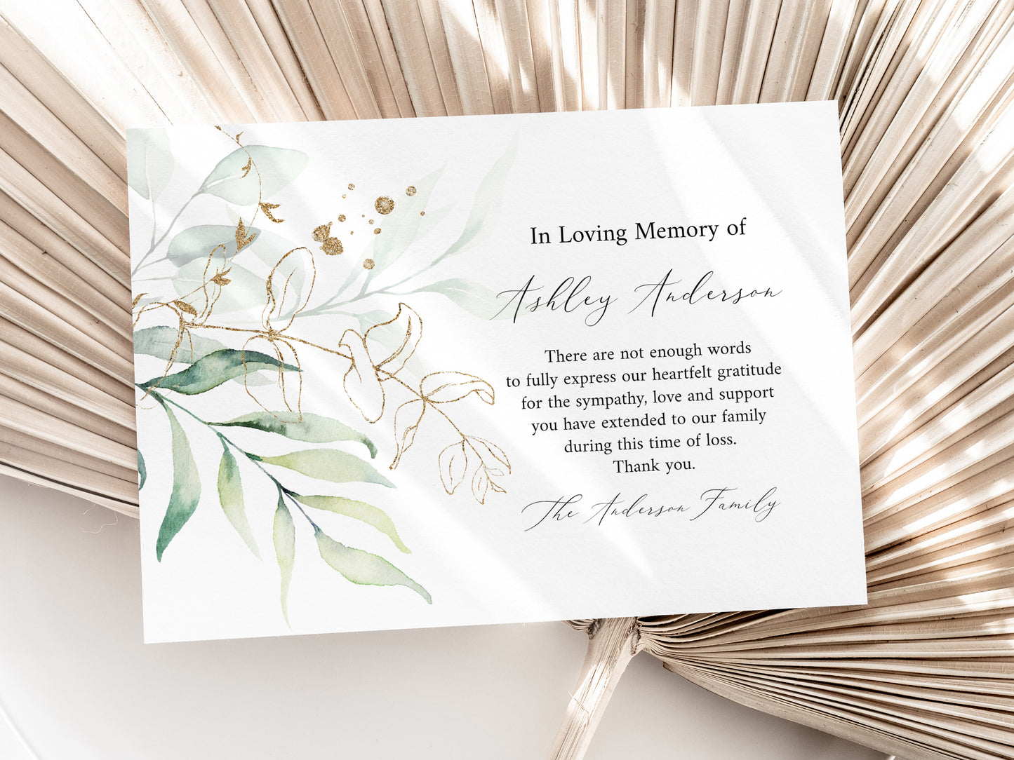 In Loving Memory Watercolor Greenery Gold Funeral Thank You Card Template G1