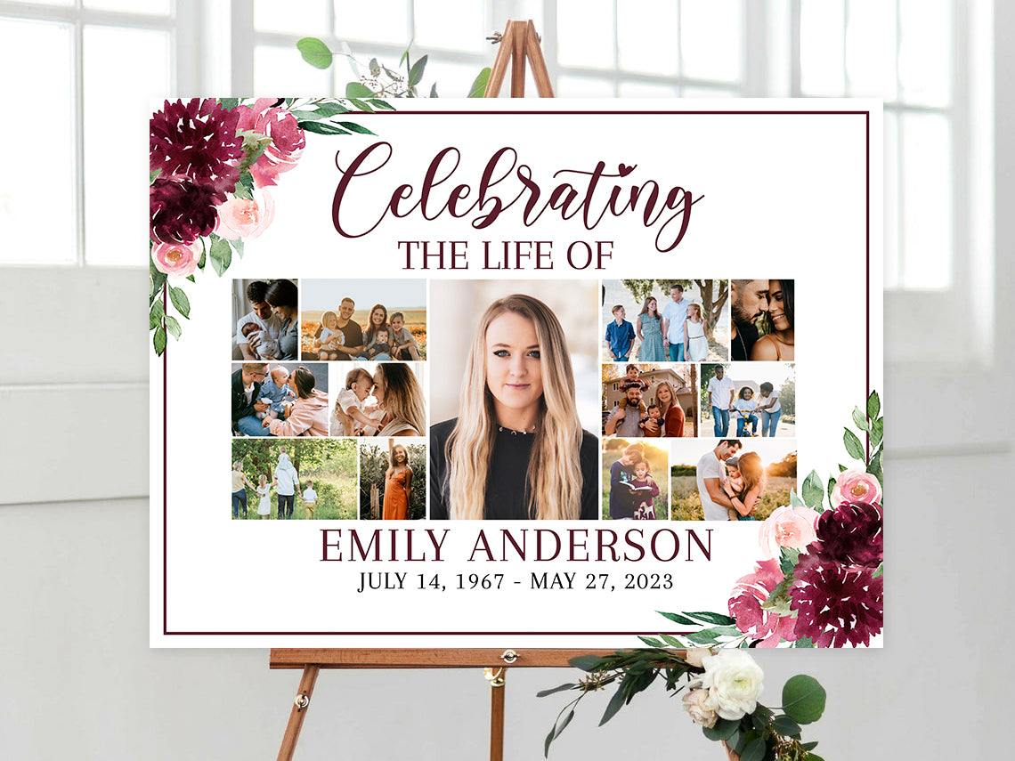 Celebration Of Life Red Photo Collage Funeral Welcome Sign, Red Roses Photo Collage Funeral Poster, Burgundy Photo Collage Memorial Sign R3