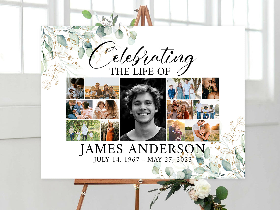 Celebration Of Life Watercolor Greenery Photo Collage Funeral Welcome Sign Template G1