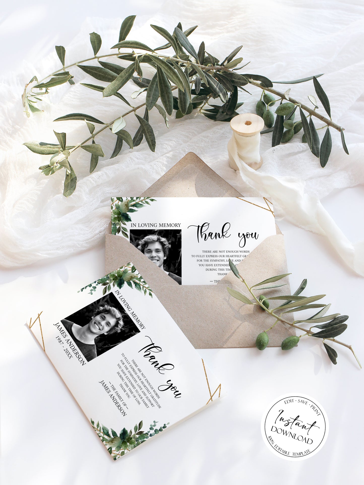 Celebration of life Watercolor Greenery Gold Funeral Photo Thank You Card Template Q1