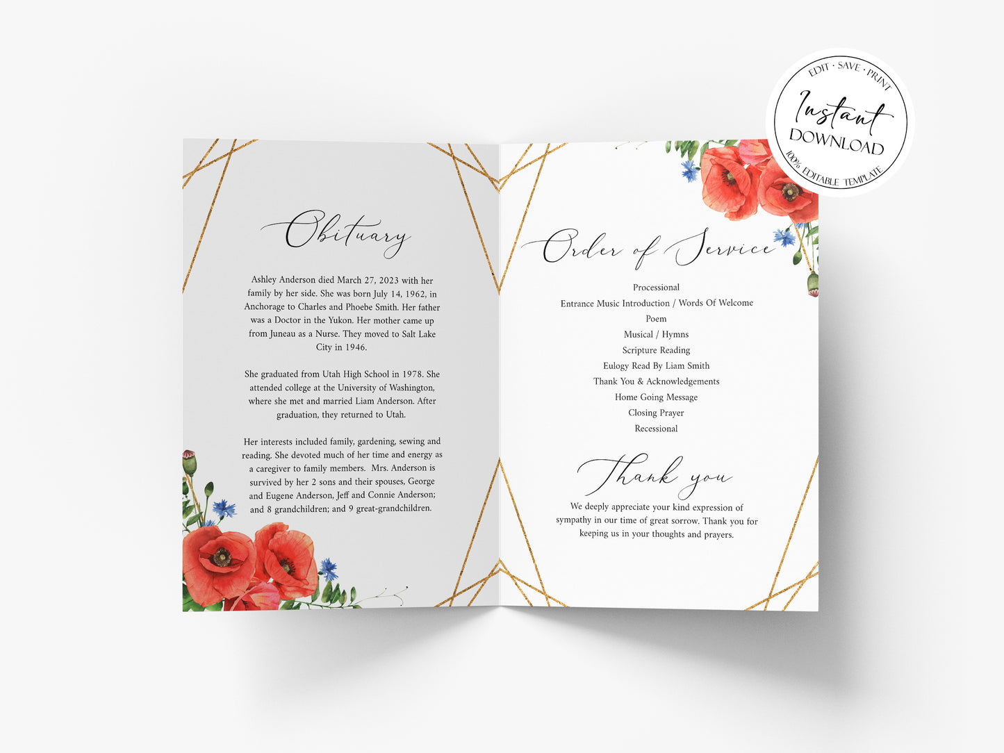 In Loving Memory of Red Poppies Greenery Funeral Program Template, Red Poppies Funeral Program Template, Red Poppies Memorial Program, Obituary Program
