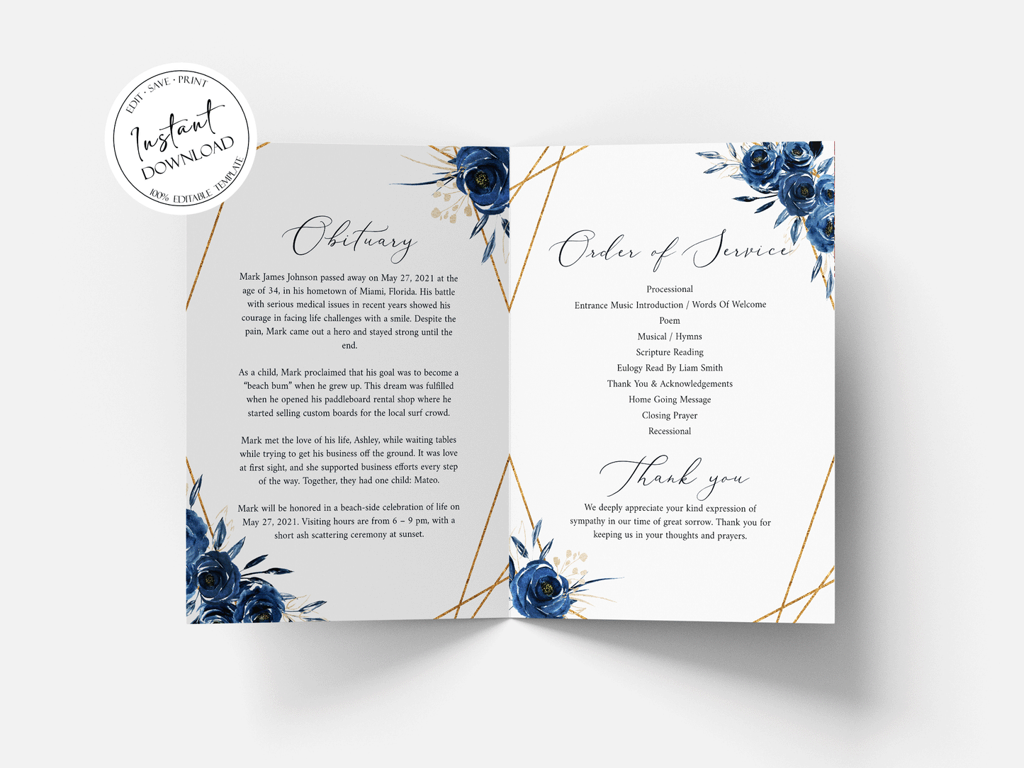 11x17 Celebration Of Life Royal Blue Flowers Gold Funeral Program Template, Blue Funeral Brochure, Blue Memorial Program, Obituary Program, Funeral program template for man B2