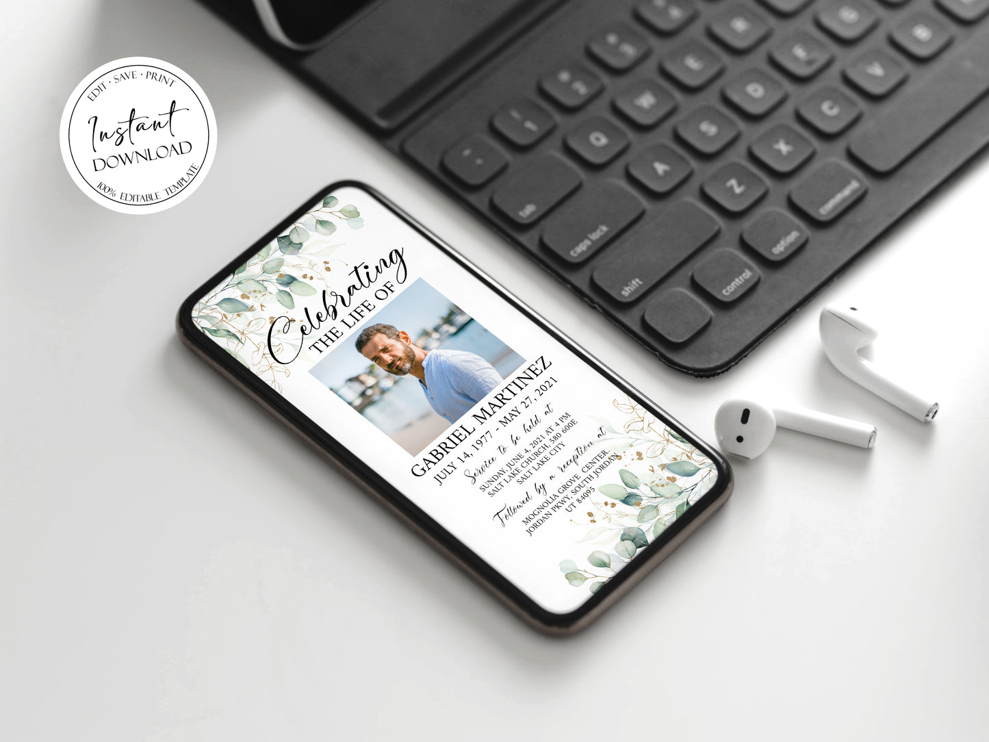 Greenery Funeral Announcement, Greenery Memorial Evite, Electronic Funeral Invite Celebration of life Watercolor Greenery Gold Digital Funeral Invitation TemplateG1