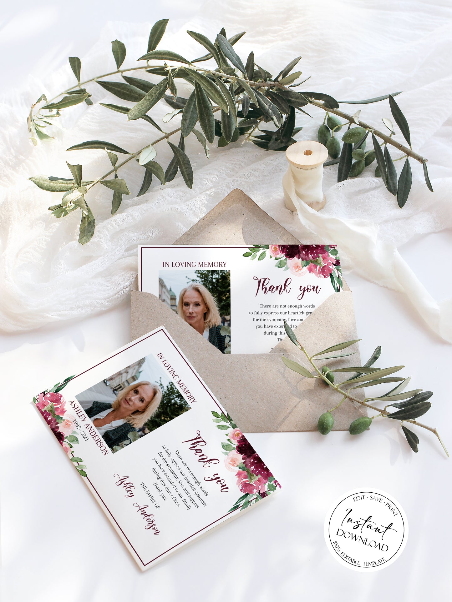 Red Roses Funeral Thank You Celebration of life Funeral Thank You Red Roses Memorial Thank You Card Template Editable Sympathy Card R1