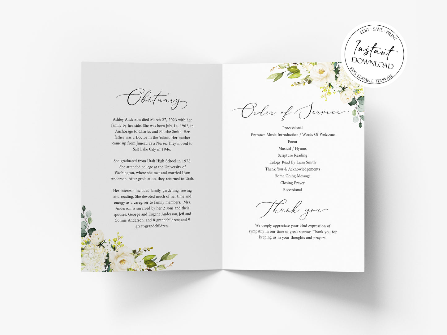 11x17 Celebration of Life White Greenery Floral Gold Cross Funeral Program Template, White Greenery Funeral Memorial Program, Printable Gold Cross Funeral Program for woman