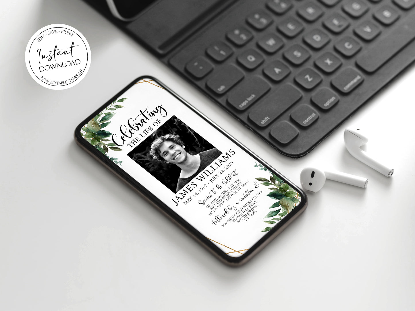 Celebration of life Watercolor Greenery Gold Digital Funeral Invitation Template, Greenery Funeral Announcement, Greenery Memorial Evite, Electronic Greenery Funeral Invite Q1