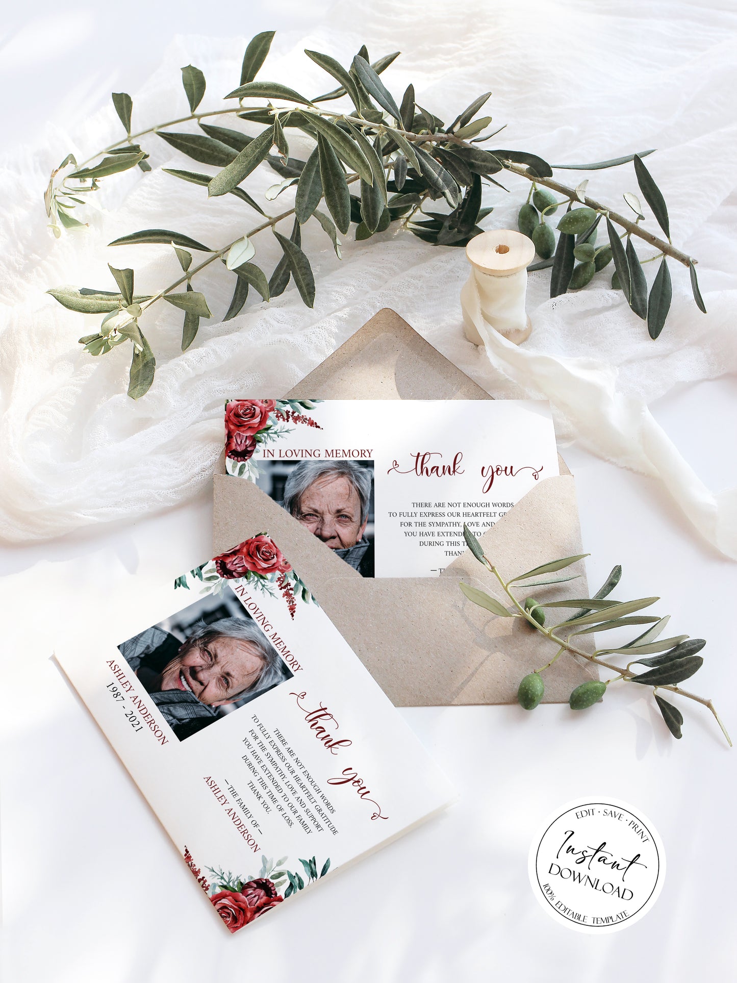 Burgundy Funeral Photo Thank You Cards, Memorial Card, Celebration of life, Printable Red Roses Funeral Photo Thank You Card, Red Sympathy Card P2
