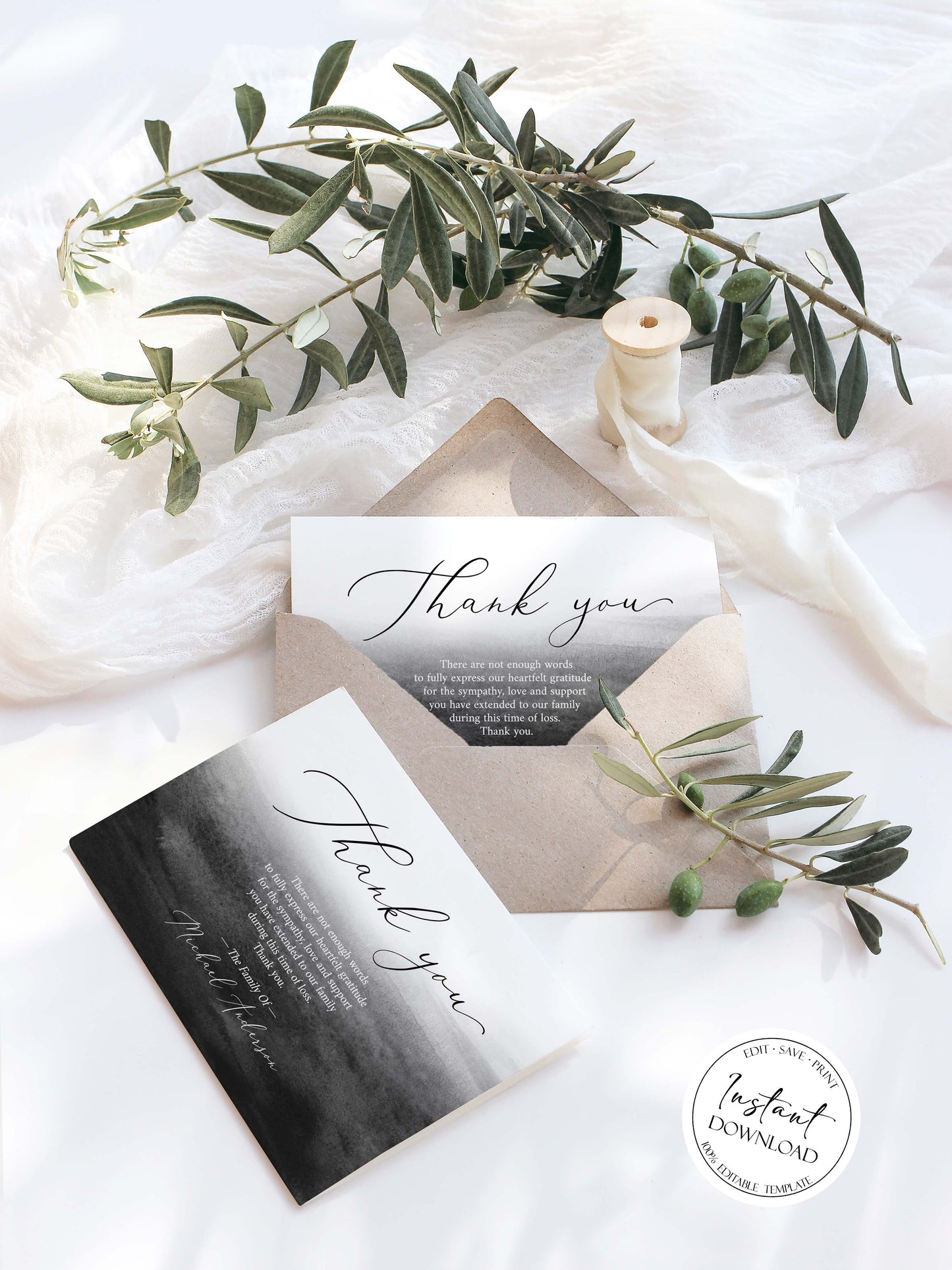 Celebration of life Black Watercolor Funeral Thank You Card Template, Black Memorial Card, Printable Black Funeral Thank You Card Template, Black Sympathy Card