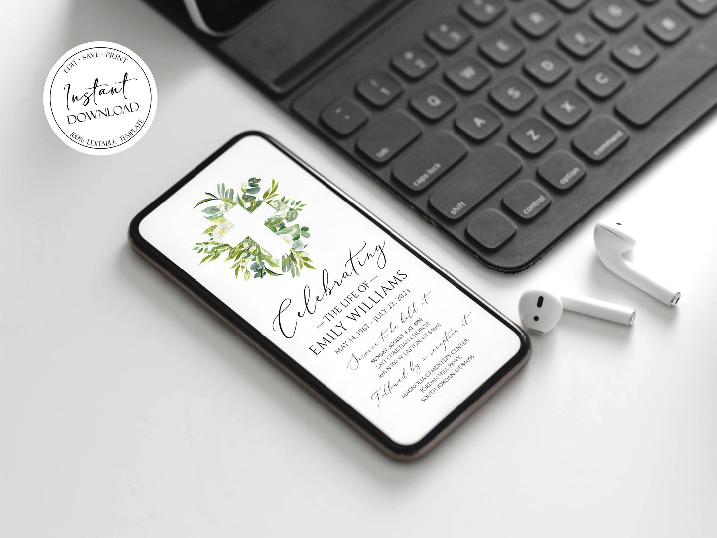 Celebration of life Watercolor Greenery Cross Digital Funeral Invitation Template, Greenery Cross Funeral Announcement, Memorial Evite, Greenery Electronic Funeral