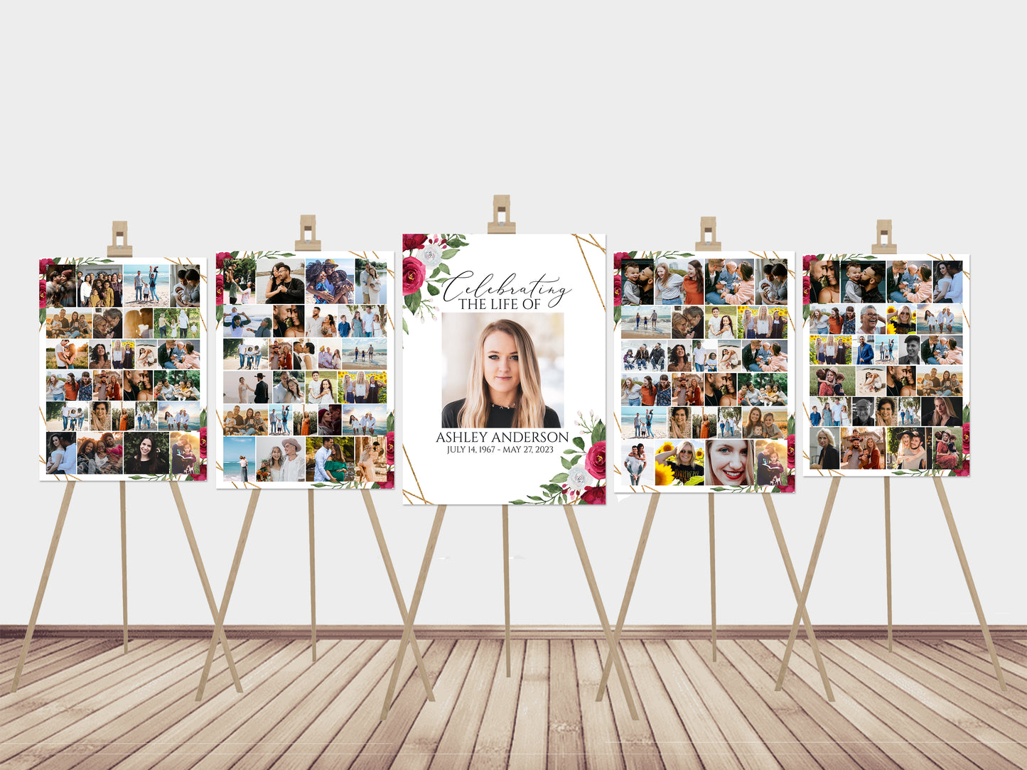 Celebration Of Life White Pink Roses Gold Funeral 5 Photo Collage Funeral Welcome Sign Set Templates, White Pink Photo Memorial Sign, Funeral Photo Display Set