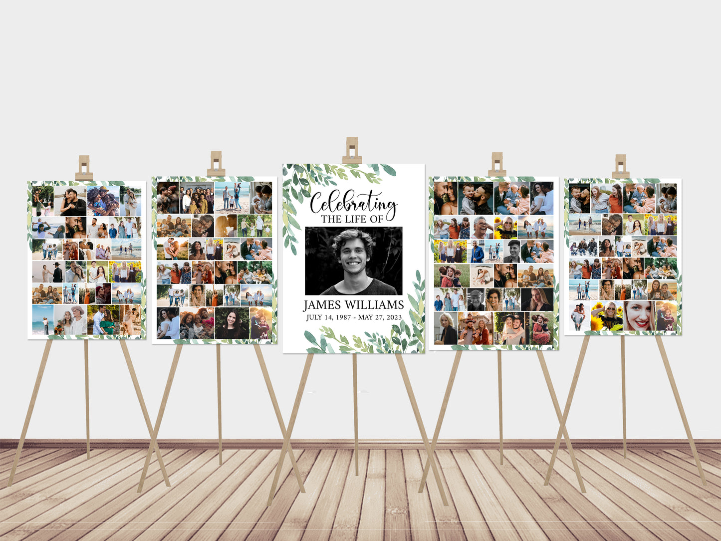 Celebration Of Life Watercolor Greenery Funeral Poster, Editable 5 Photo Collage Funeral Welcome Signs, Greenery Memorial Sign Funeral Poster Photo Display Set of 5