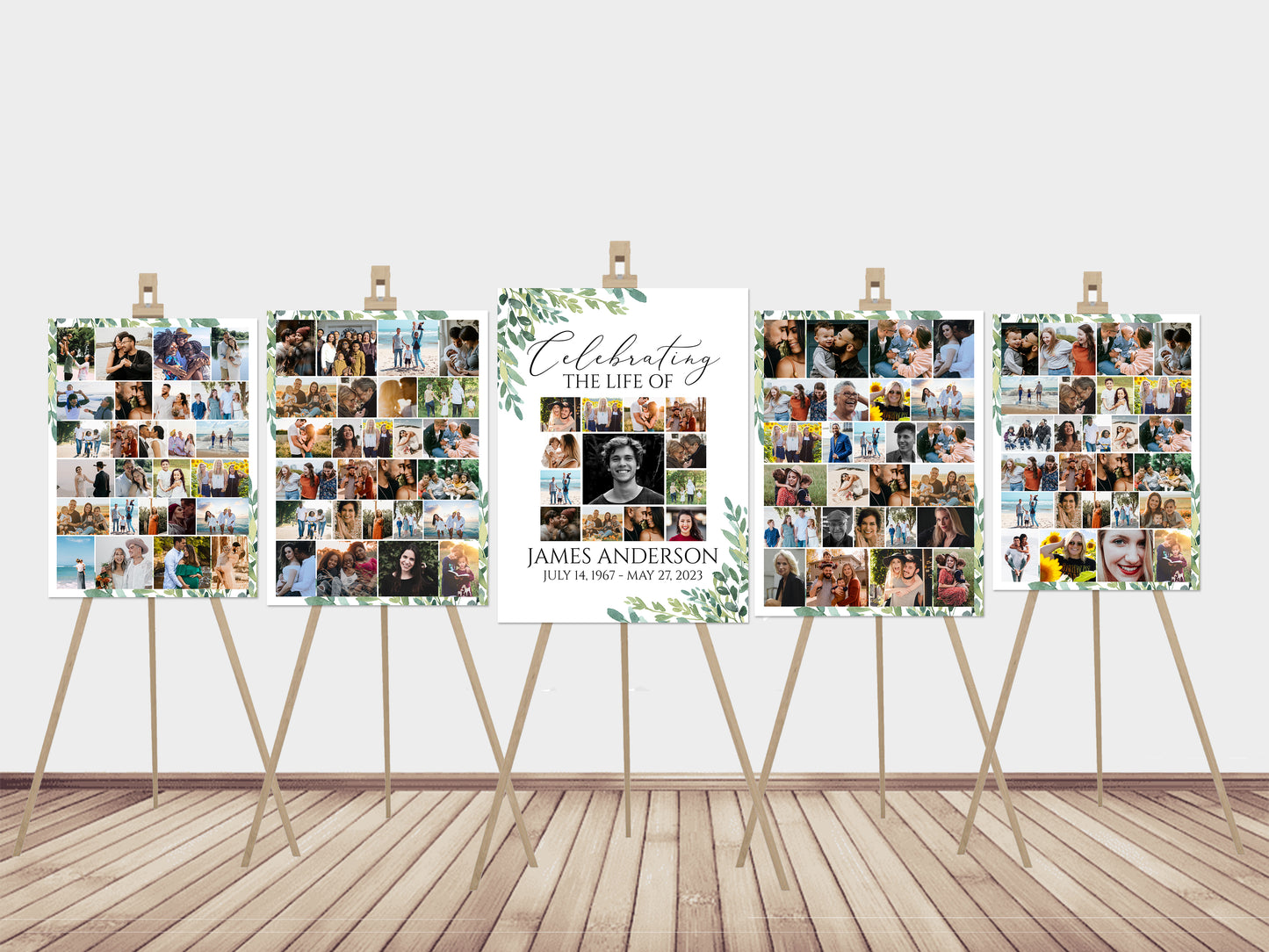 Celebration Of Life Watercolor Greenery 5 Photo Collage Funeral Welcome Sign Set Template, Greenery Watercolor Memorial Sign Funeral Poster Photo Display Set of 5