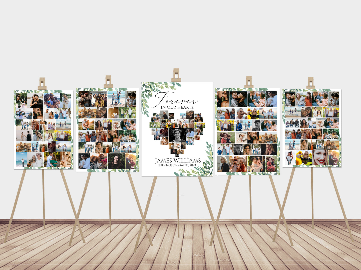 Forever in our Hearts Watercolor Greenery Heart Photo Collage 5 Funeral Welcome Sign Templates, Greenery Heart Photo Collage 5 Funeral Welcome Sign Templates Forever in our Hearts G2