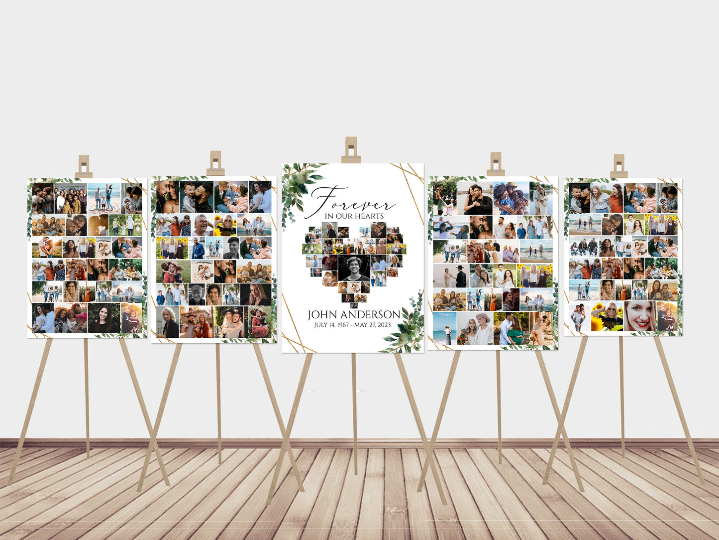 Forever in our Hearts Watercolor Greenery Gold Heart Photo Collage 5 Funeral Welcome Sign Templates, Greenery Heart Photo Collage 5 Funeral Welcome Sign Templates Q1