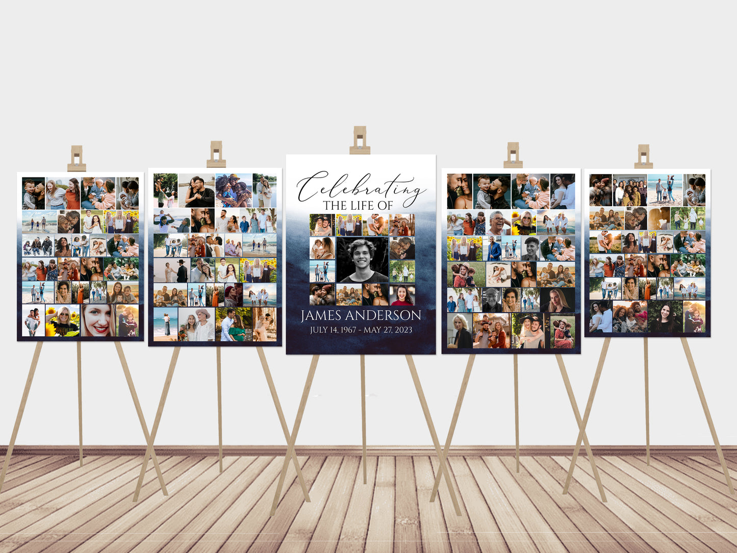 Celebration Of Life Blue Watercolor Funeral Poster, Editable 5 Photo Collage Funeral Welcome Signs, Blue Watercolor Memorial Sign Funeral Poster Photo Display Set of 5