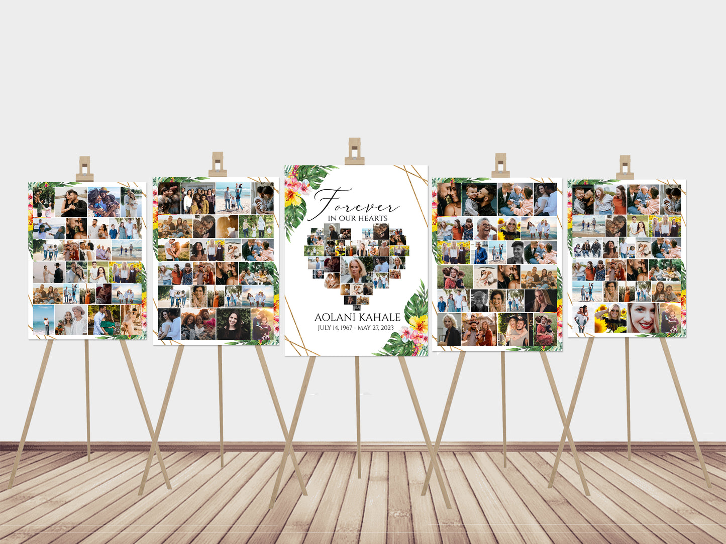Forever in our Hearts Tropical Hawaiian Plumeria Heart Photo Collage 5 Funeral Welcome Sign Templates, Hawaiian Memorial Sign Funeral Poster Photo Display Set of 5