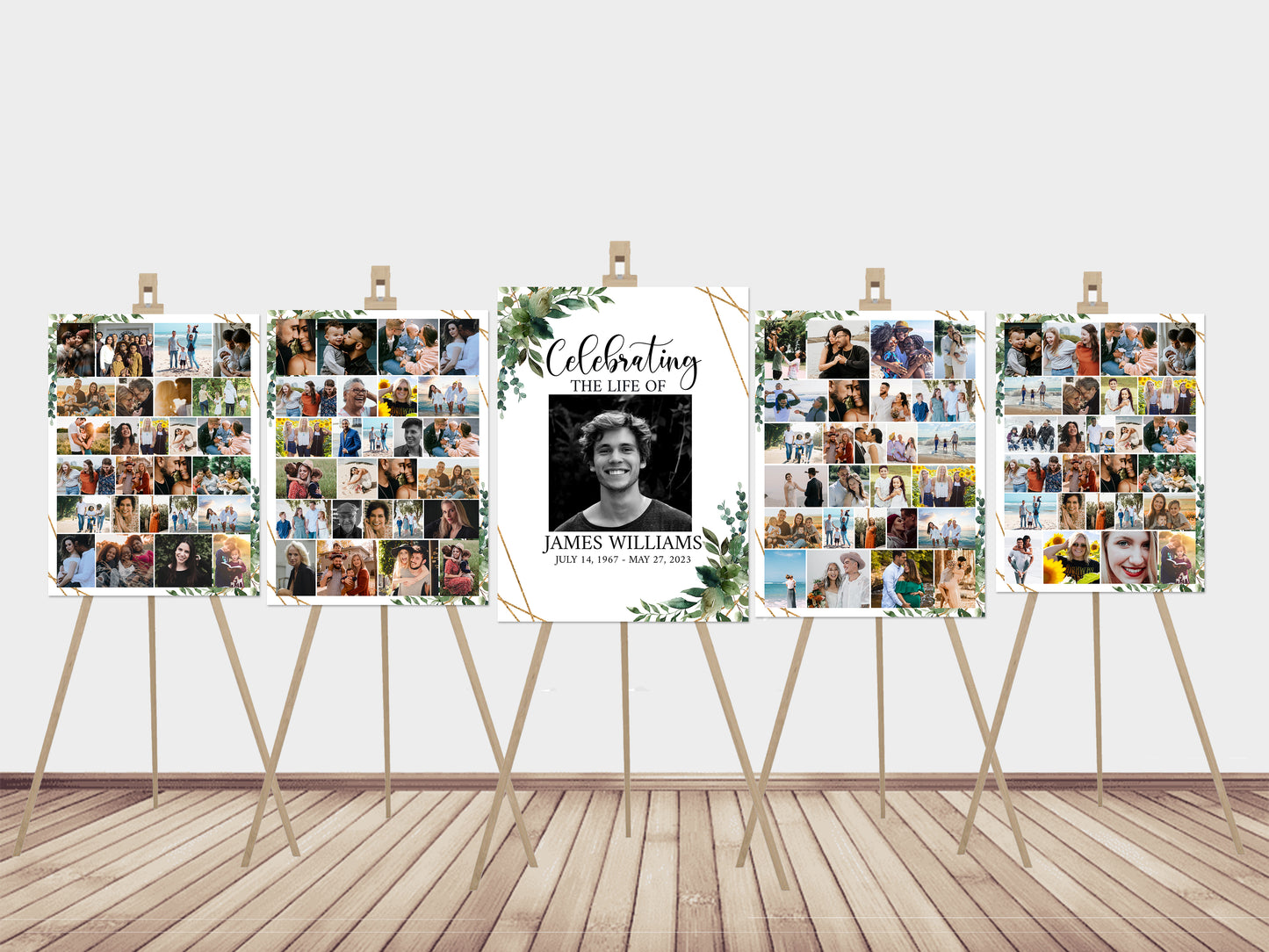 Celebration Of Life Blue Watercolor Funeral Poster, Editable 5 Photo Collage Funeral Welcome Signs, Blue Watercolor Memorial Sign Funeral Poster Photo Display Set of 5